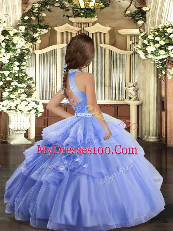 Tulle Sleeveless Floor Length Little Girls Pageant Dress and Beading and Appliques