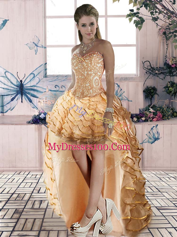 Free and Easy Gold Lace Up Sweetheart Beading and Lace and Ruffled Layers Evening Dress Organza Sleeveless
