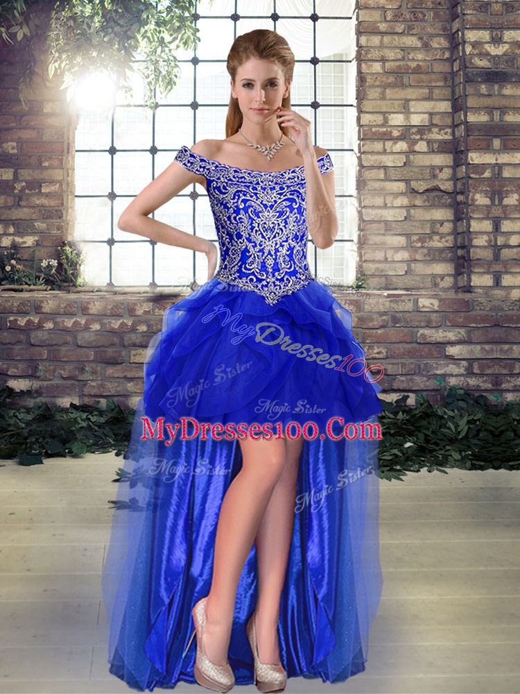 Sleeveless High Low Beading and Ruffles Lace Up Evening Dress with Royal Blue