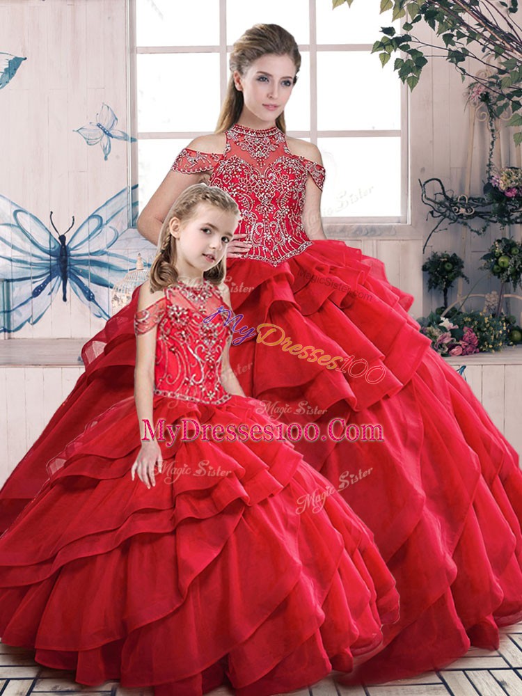 Cute Floor Length Red Sweet 16 Dress High-neck Sleeveless Lace Up