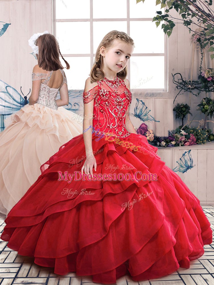 Cute Floor Length Red Sweet 16 Dress High-neck Sleeveless Lace Up