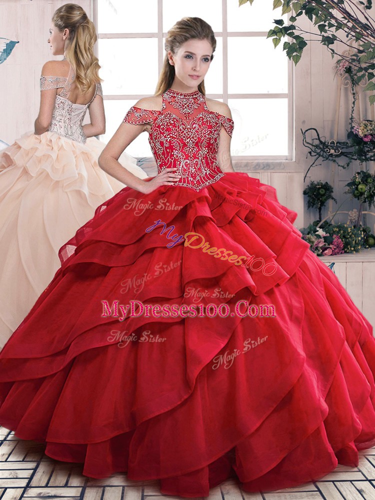 Cute Floor Length Red Sweet 16 Dress High-neck Sleeveless Lace Up