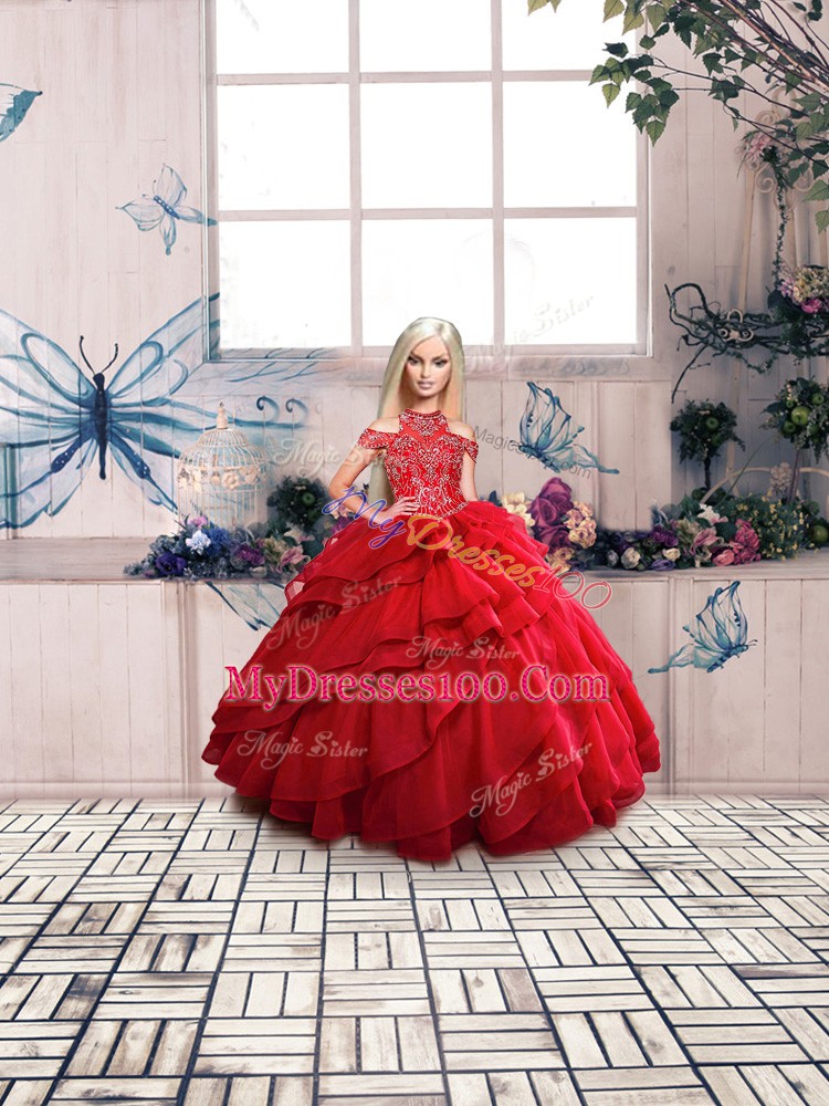 Cute Floor Length Red Sweet 16 Dress High-neck Sleeveless Lace Up