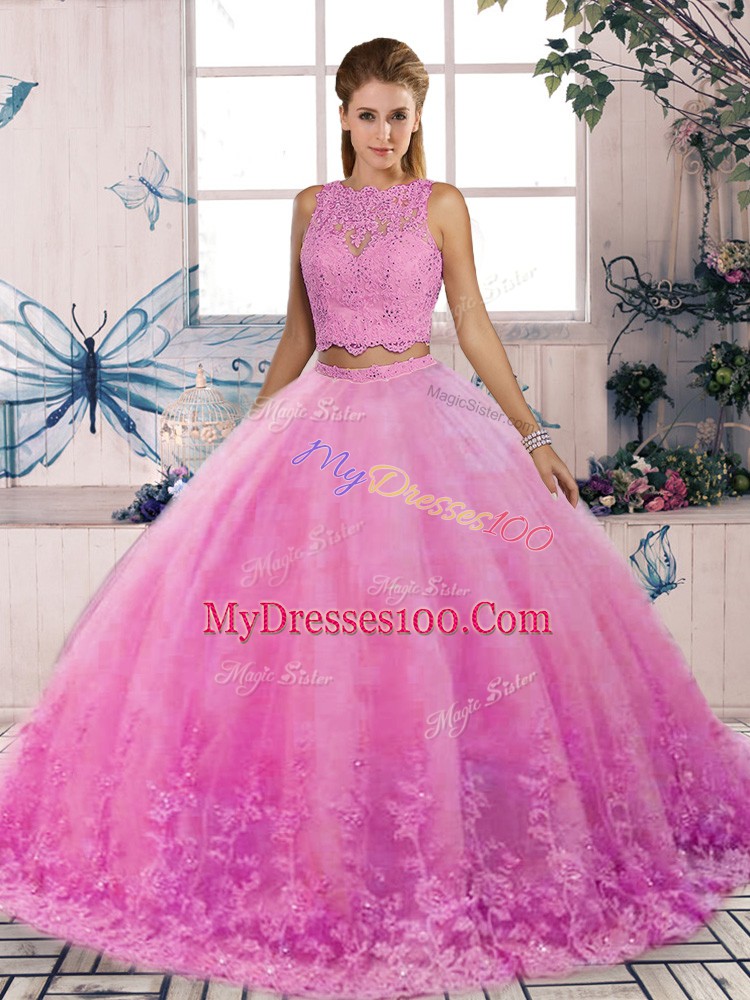 Fancy Rose Pink Scalloped Backless Lace Ball Gown Prom Dress Sweep Train Sleeveless