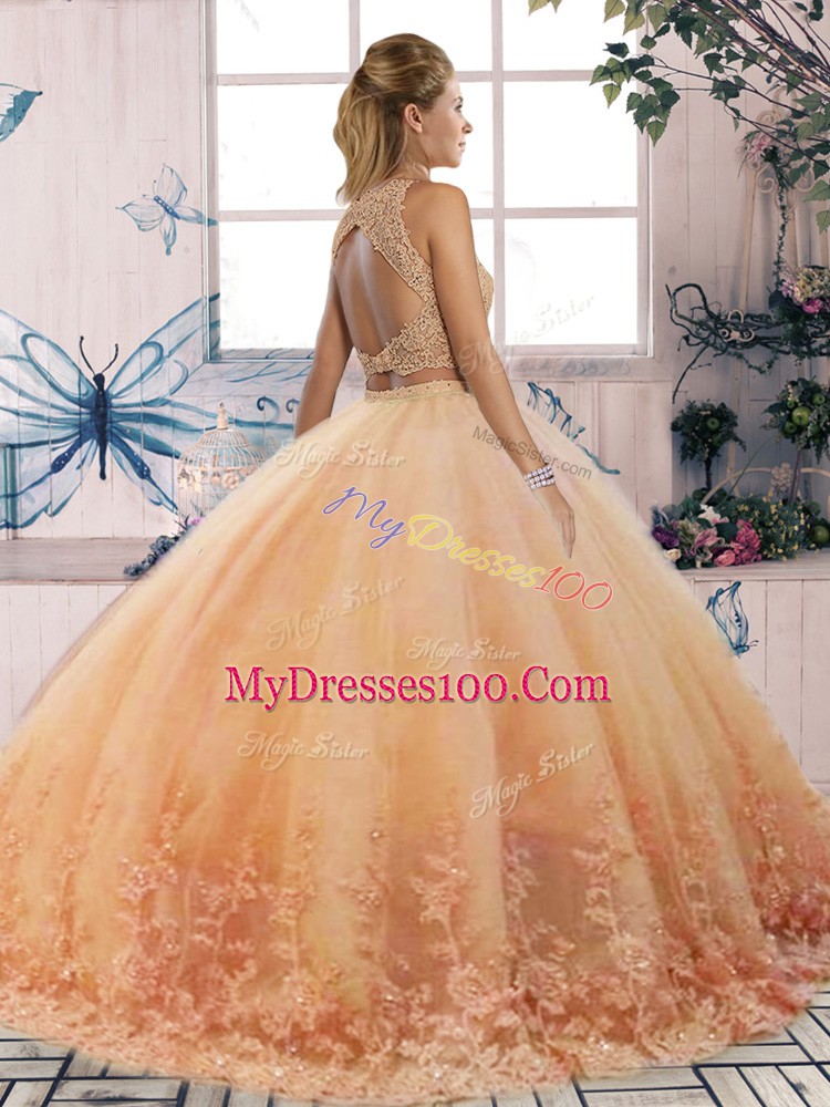 Fancy Rose Pink Scalloped Backless Lace Ball Gown Prom Dress Sweep Train Sleeveless