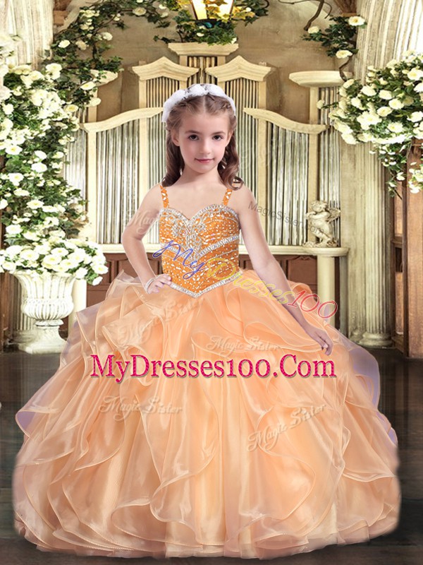 Unique Sleeveless Organza Floor Length Lace Up Little Girls Pageant Gowns in Peach with Beading and Ruffles