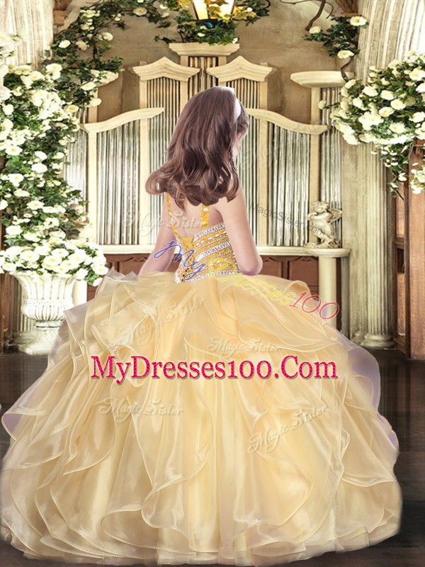 Unique Sleeveless Organza Floor Length Lace Up Little Girls Pageant Gowns in Peach with Beading and Ruffles