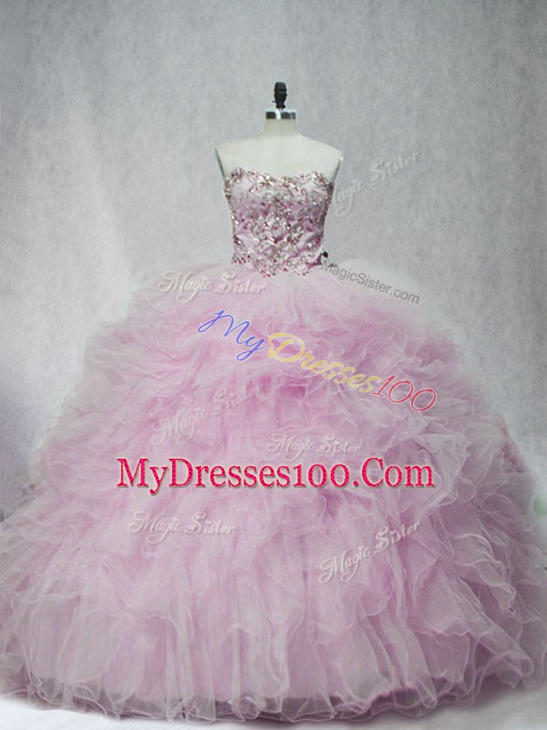 Brush Train Ball Gowns 15th Birthday Dress Lilac Sweetheart Tulle Sleeveless Lace Up