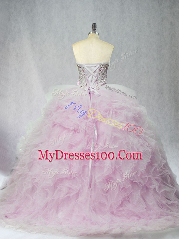 Brush Train Ball Gowns 15th Birthday Dress Lilac Sweetheart Tulle Sleeveless Lace Up