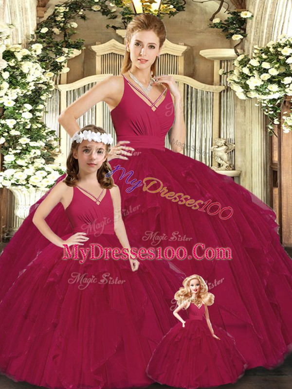 Burgundy Sleeveless Tulle Lace Up Sweet 16 Dresses for Sweet 16 and Quinceanera