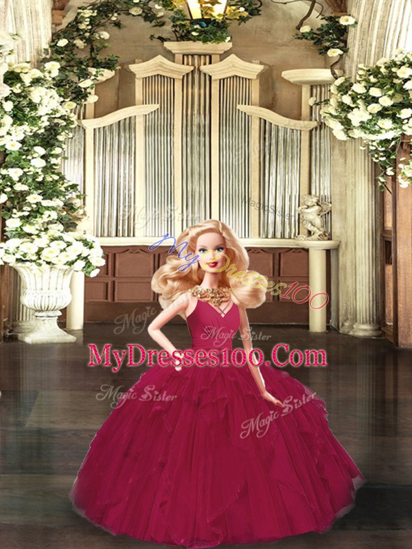 Burgundy Sleeveless Tulle Lace Up Sweet 16 Dresses for Sweet 16 and Quinceanera