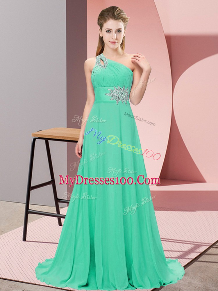 Chiffon One Shoulder Sleeveless Lace Up Beading in Apple Green