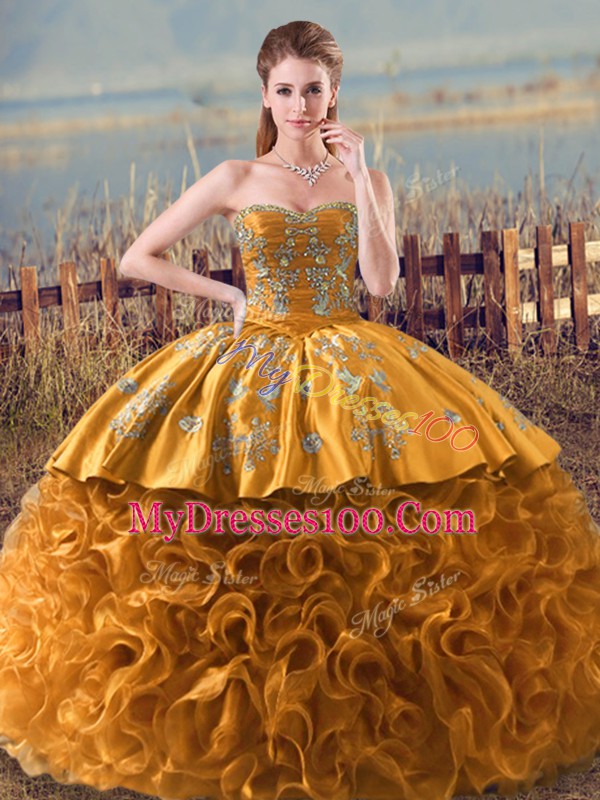 Fine Sweetheart Sleeveless Fabric With Rolling Flowers Sweet 16 Quinceanera Dress Embroidery and Ruffles Lace Up