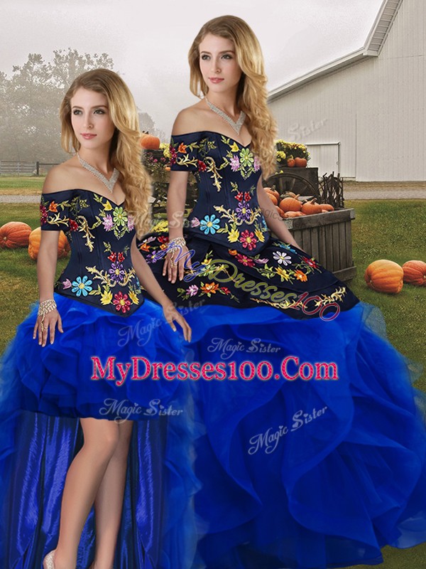 Best Sleeveless Lace Up Floor Length Embroidery and Ruffles Quince Ball Gowns
