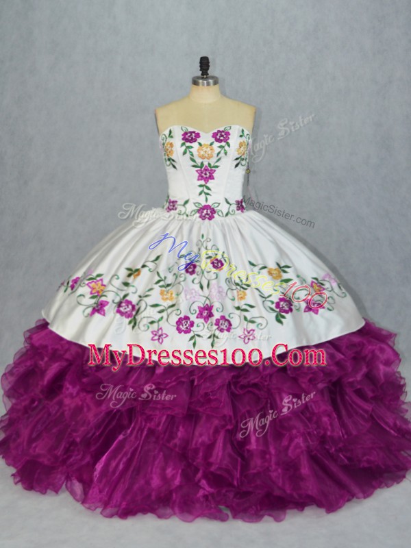 Sweetheart Sleeveless Quince Ball Gowns Floor Length Embroidery and Ruffles Fuchsia Organza
