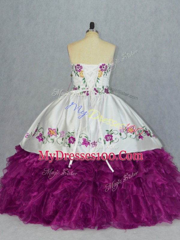 Sweetheart Sleeveless Quince Ball Gowns Floor Length Embroidery and Ruffles Fuchsia Organza