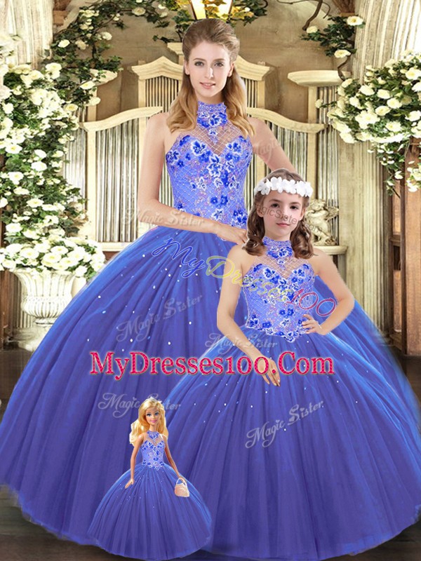 Modest Halter Top Sleeveless Tulle 15 Quinceanera Dress Embroidery Lace Up