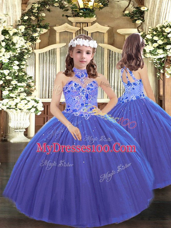 Modest Halter Top Sleeveless Tulle 15 Quinceanera Dress Embroidery Lace Up