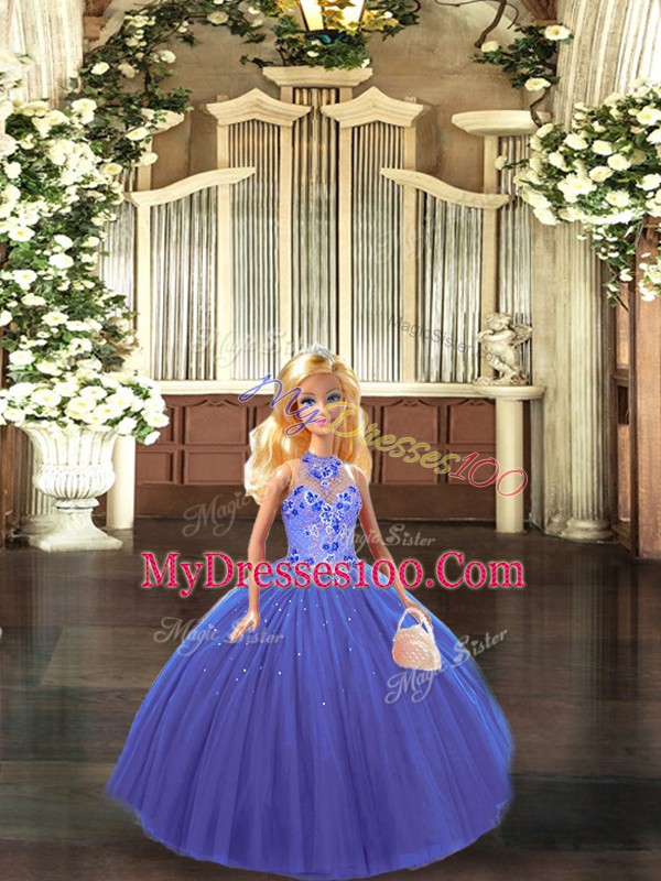 Modest Halter Top Sleeveless Tulle 15 Quinceanera Dress Embroidery Lace Up