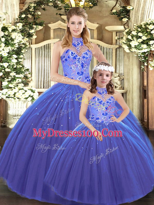 Modest Halter Top Sleeveless Tulle 15 Quinceanera Dress Embroidery Lace Up