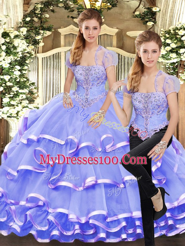 Sweet Beading and Ruffled Layers Sweet 16 Quinceanera Dress Lavender Lace Up Sleeveless Floor Length
