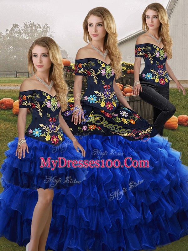 Superior Floor Length Blue And Black Ball Gown Prom Dress Organza Sleeveless Embroidery and Ruffled Layers