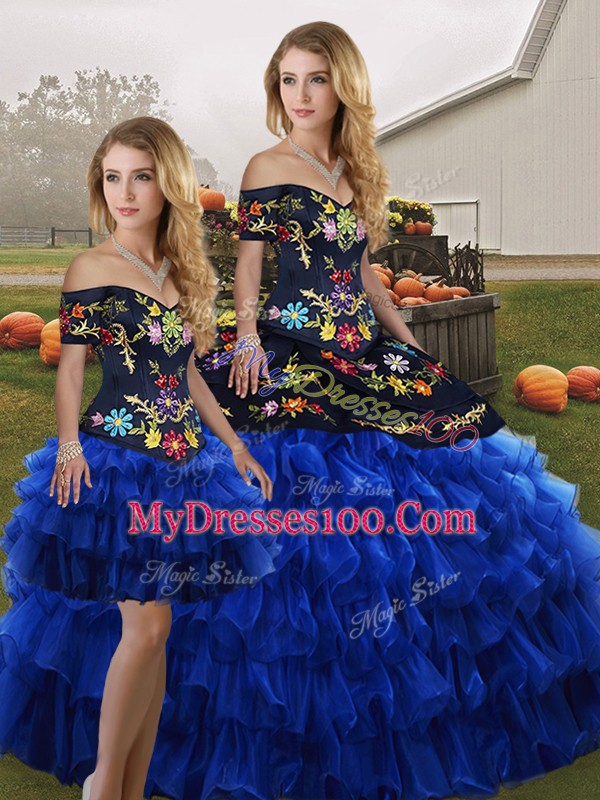 Superior Floor Length Blue And Black Ball Gown Prom Dress Organza Sleeveless Embroidery and Ruffled Layers
