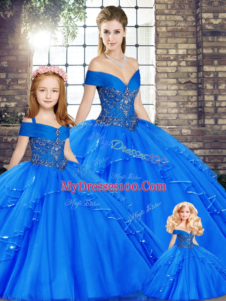 Super Royal Blue Ball Gowns Tulle Off The Shoulder Sleeveless Beading and Ruffles Floor Length Lace Up Quinceanera Gown
