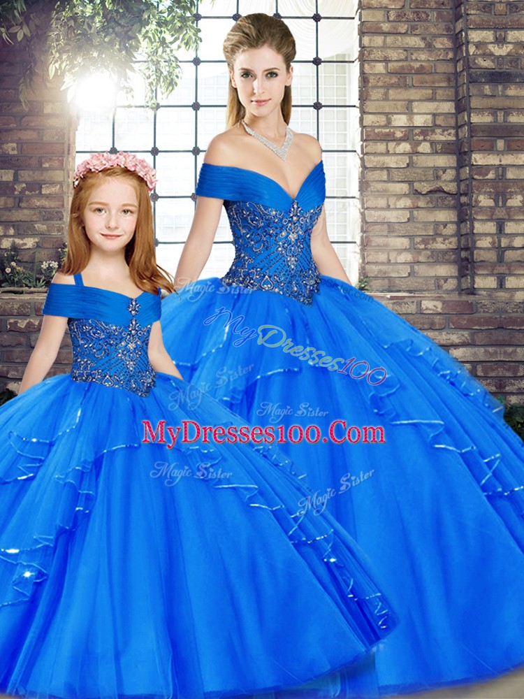 Super Royal Blue Ball Gowns Tulle Off The Shoulder Sleeveless Beading and Ruffles Floor Length Lace Up Quinceanera Gown