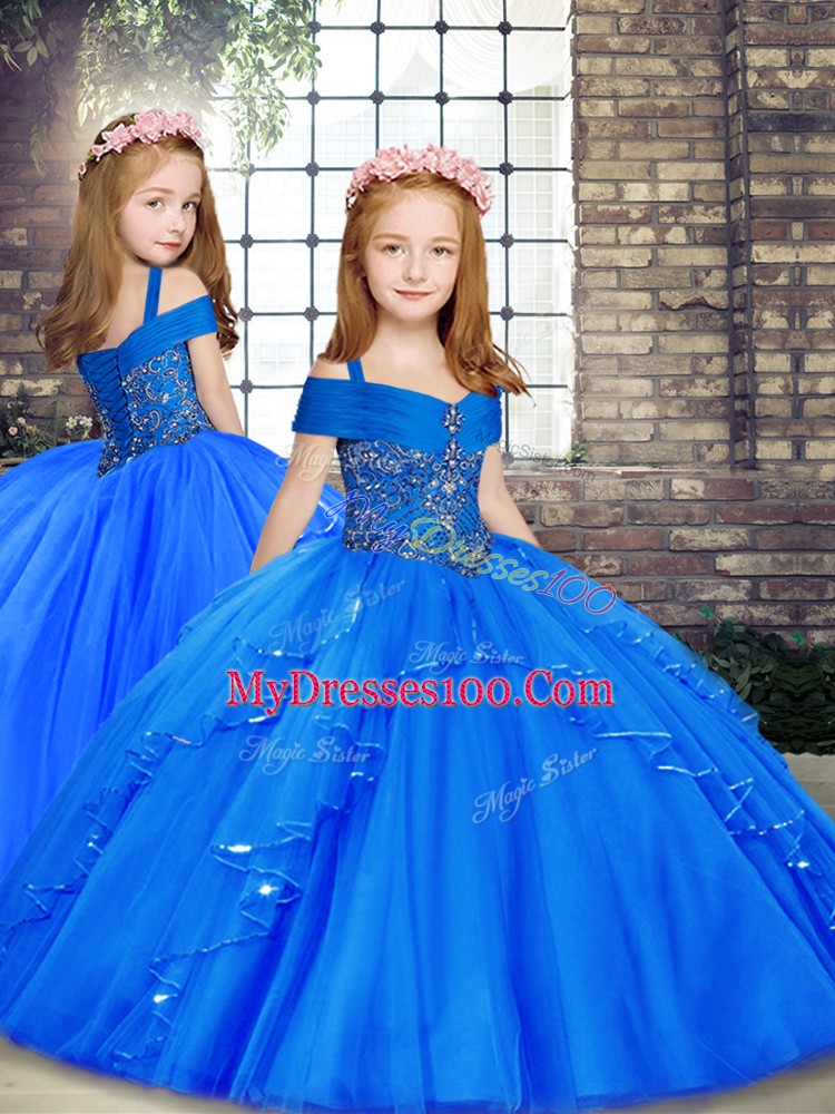 Super Royal Blue Ball Gowns Tulle Off The Shoulder Sleeveless Beading and Ruffles Floor Length Lace Up Quinceanera Gown