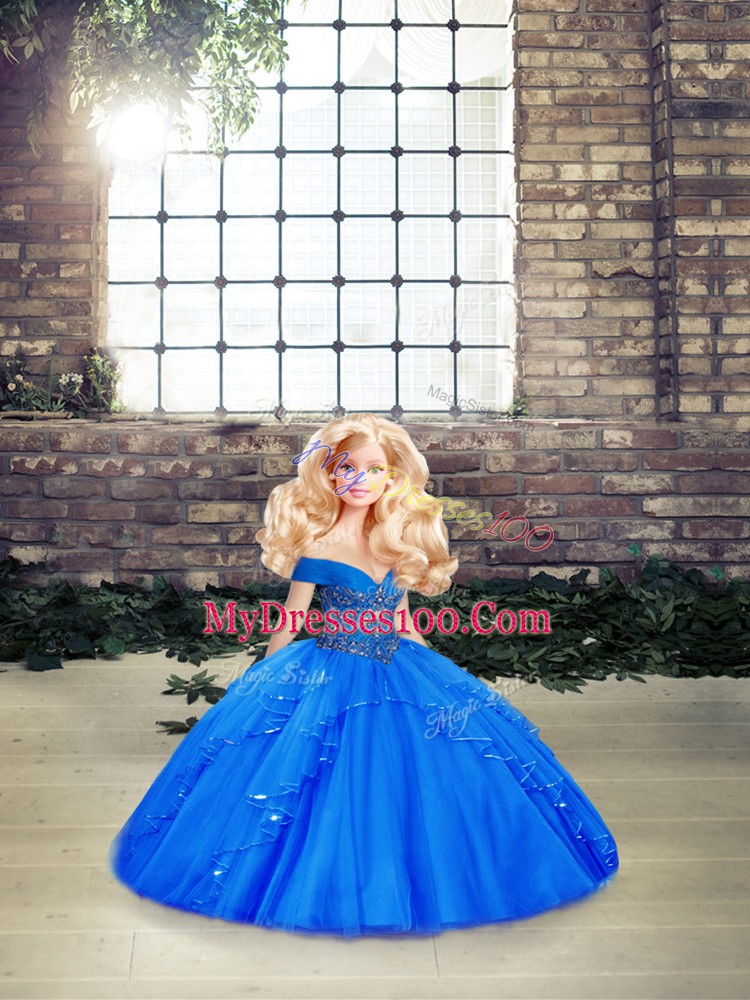Super Royal Blue Ball Gowns Tulle Off The Shoulder Sleeveless Beading and Ruffles Floor Length Lace Up Quinceanera Gown