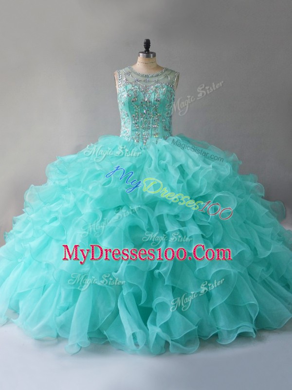 Great Aqua Blue Lace Up Scoop Beading and Ruffles Quince Ball Gowns Organza Sleeveless