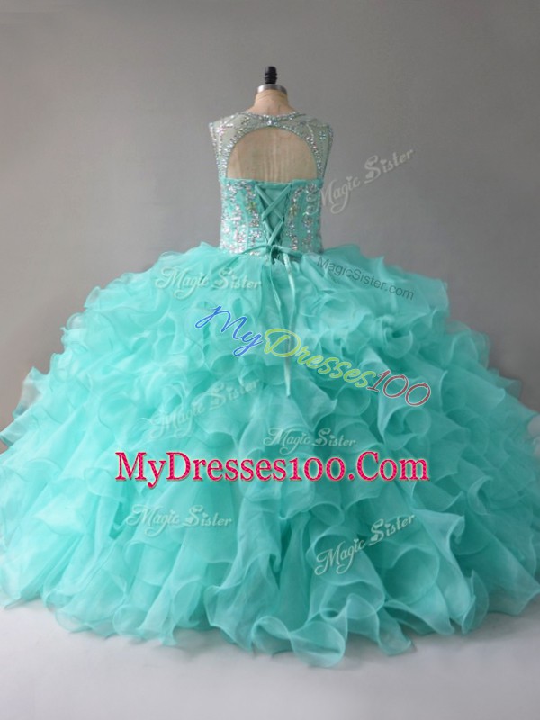 Great Aqua Blue Lace Up Scoop Beading and Ruffles Quince Ball Gowns Organza Sleeveless