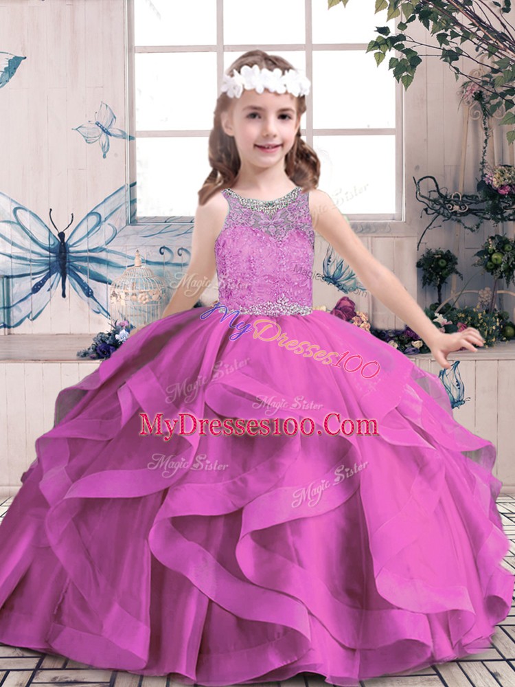 Dazzling Floor Length Lilac Child Pageant Dress Tulle Sleeveless Beading