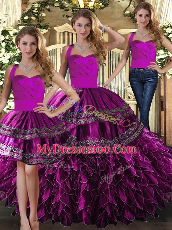 On Sale Three Pieces Quinceanera Gowns Fuchsia Halter Top Organza Sleeveless Floor Length Lace Up