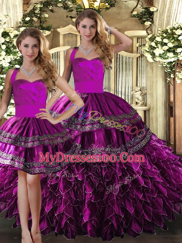 On Sale Three Pieces Quinceanera Gowns Fuchsia Halter Top Organza Sleeveless Floor Length Lace Up