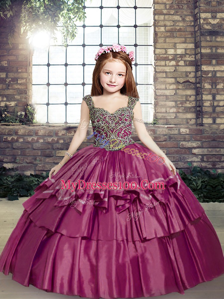 Sleeveless Lace Up Floor Length Beading Little Girls Pageant Dress
