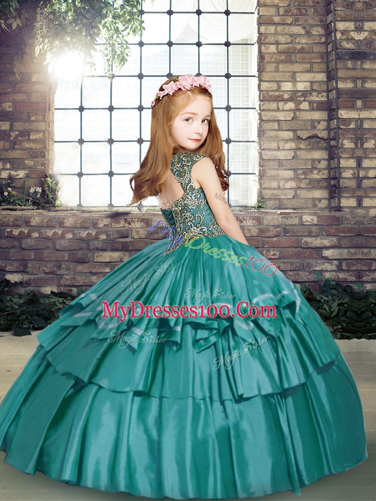 Sleeveless Lace Up Floor Length Beading Little Girls Pageant Dress