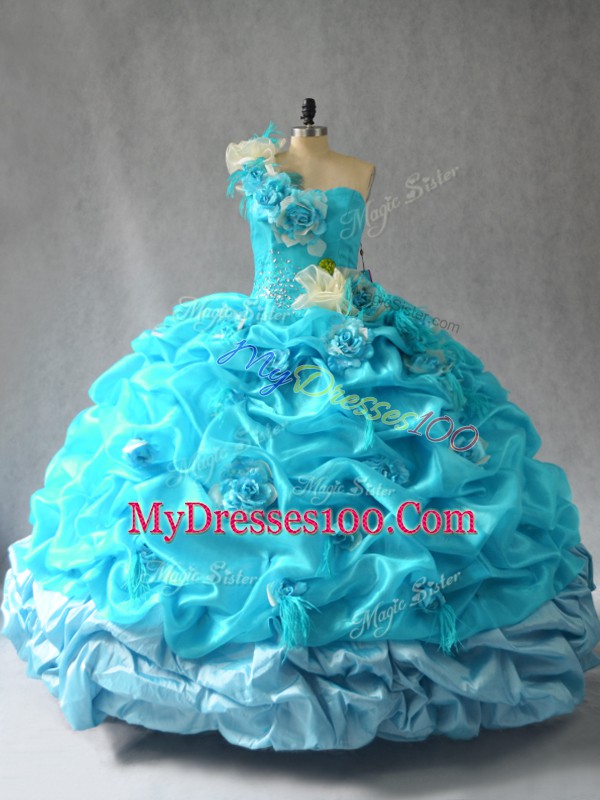 Fashion Floor Length Aqua Blue 15 Quinceanera Dress Organza Sleeveless Pick Ups and Hand Made Flower
