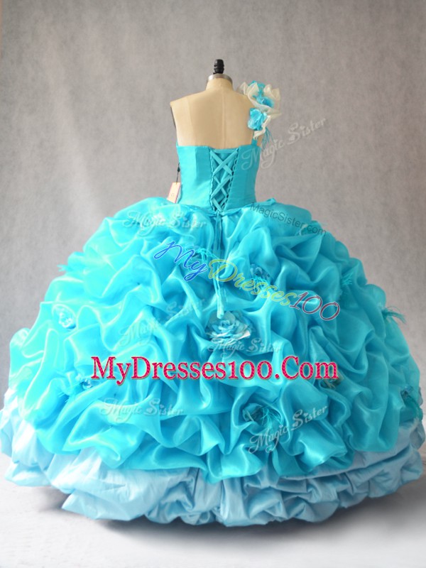 Fashion Floor Length Aqua Blue 15 Quinceanera Dress Organza Sleeveless Pick Ups and Hand Made Flower
