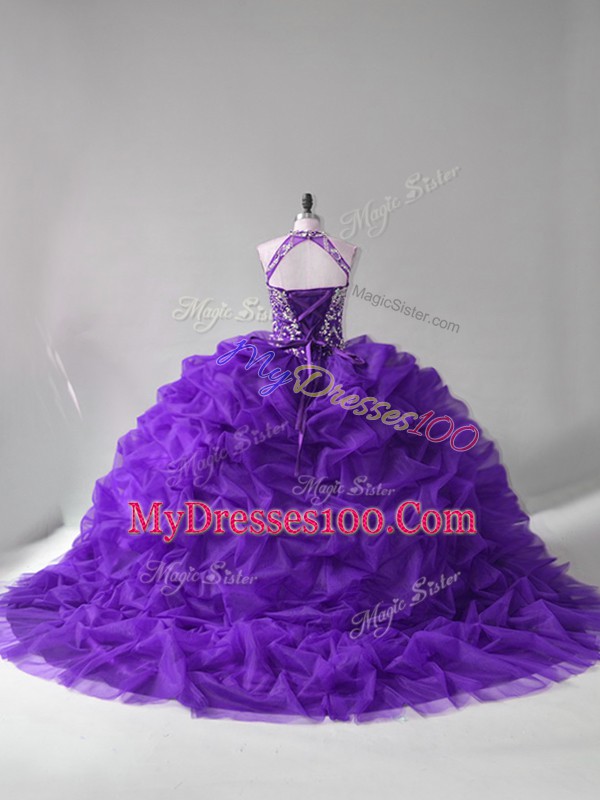 Purple Sleeveless Beading and Pick Ups Lace Up Quinceanera Gown