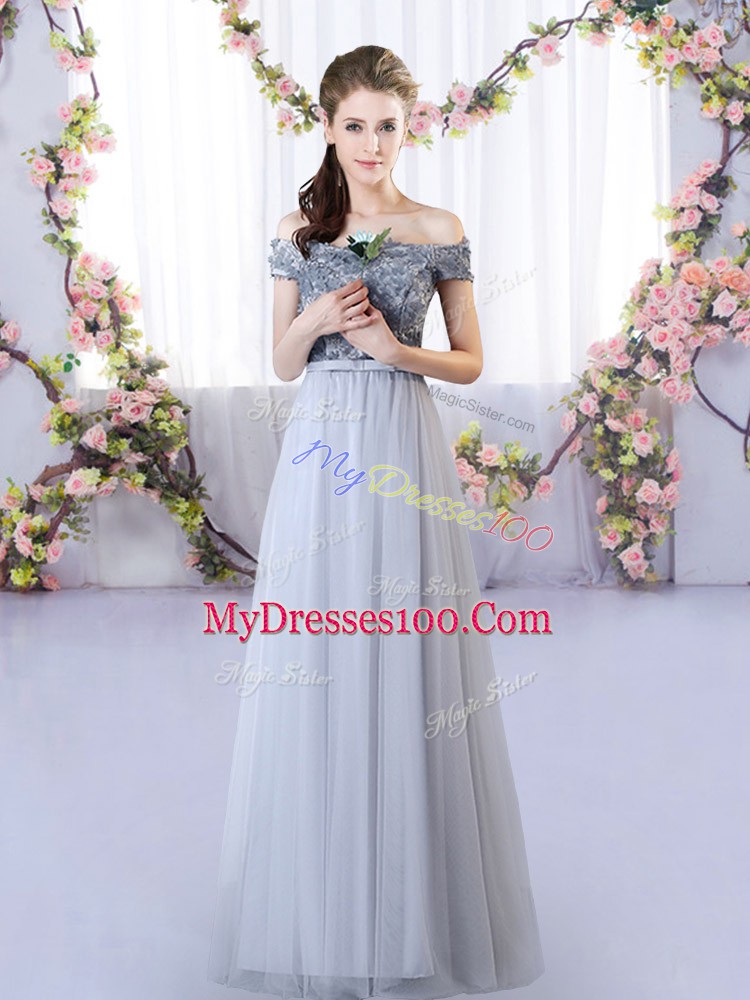 Floor Length Lace Up Bridesmaid Dress Grey for Wedding Party with Appliques
