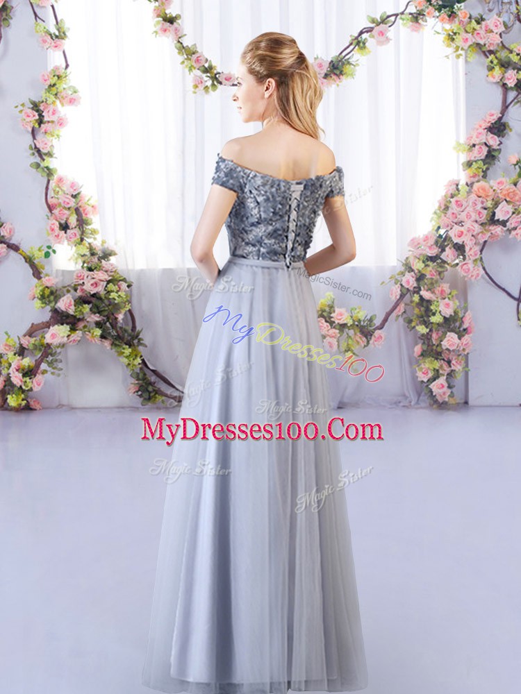 Floor Length Lace Up Bridesmaid Dress Grey for Wedding Party with Appliques