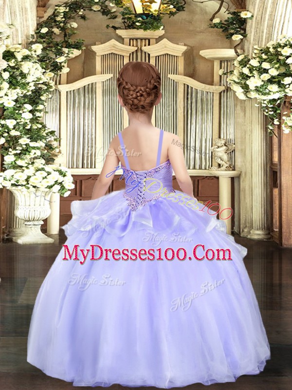 Glorious Floor Length Ball Gowns Sleeveless Lavender Pageant Dress for Teens Lace Up