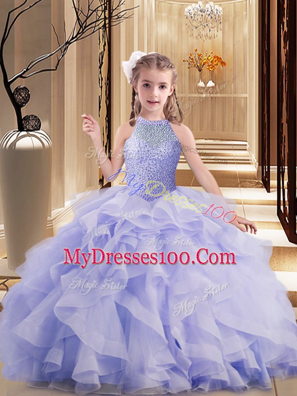 Lavender Lace Up High-neck Sleeveless Girls Pageant Dresses Brush Train Beading and Ruffles