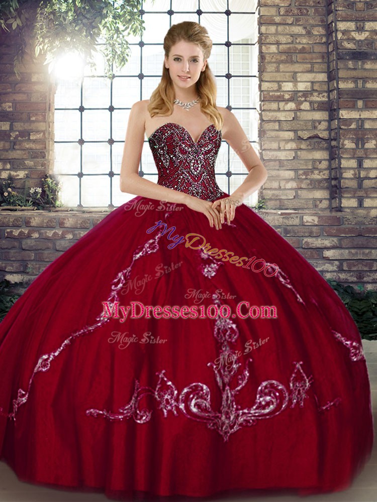 Graceful Sweetheart Sleeveless Tulle Ball Gown Prom Dress Beading and Embroidery Lace Up
