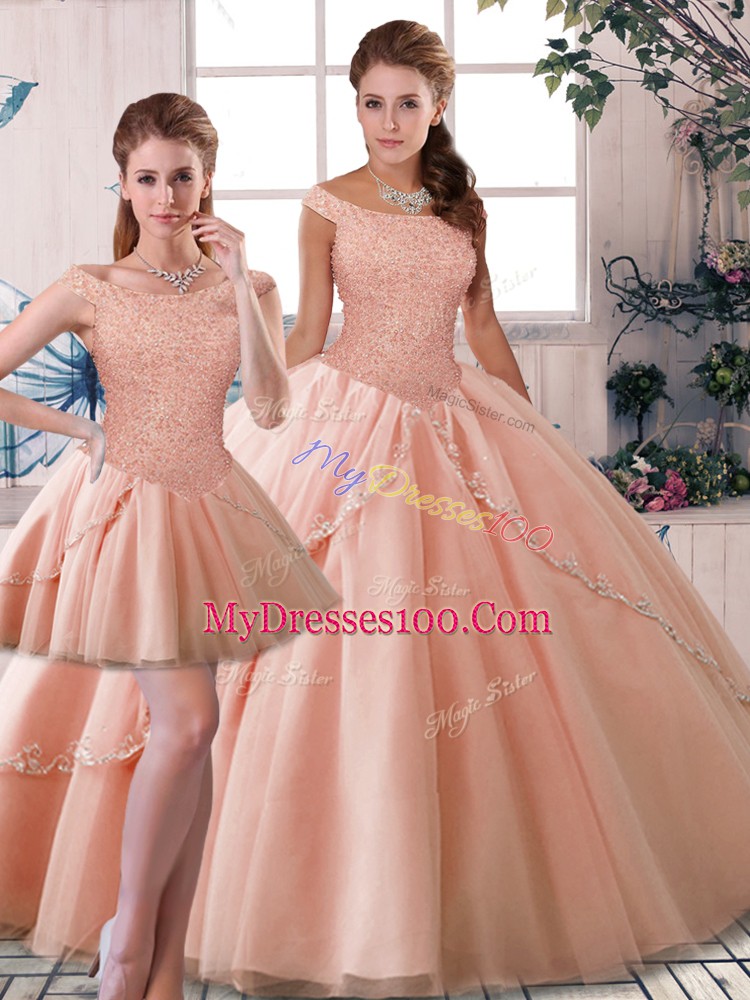 Unique Tulle Sleeveless Sweet 16 Dresses Brush Train and Beading