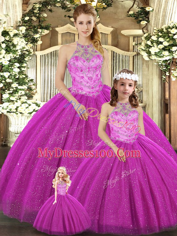Graceful Tulle Sleeveless Floor Length Vestidos de Quinceanera and Beading