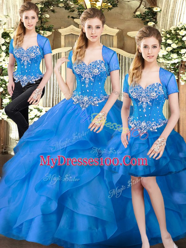 Ideal Sleeveless Beading and Ruffles Lace Up Quince Ball Gowns