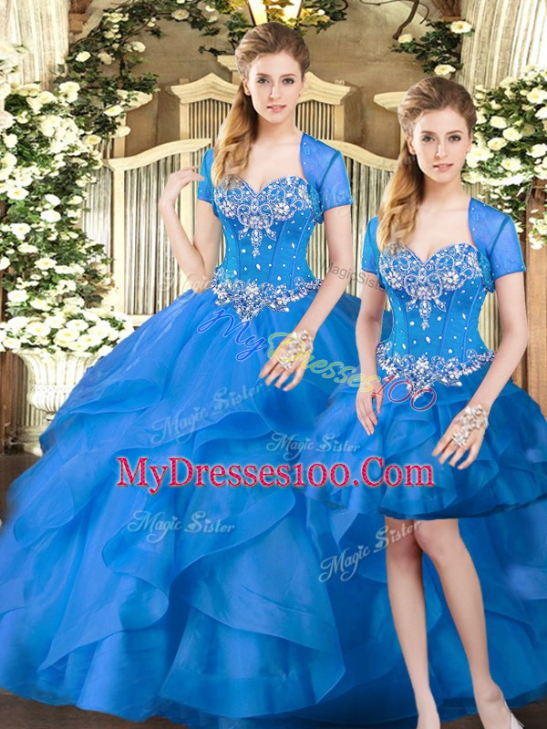 Ideal Sleeveless Beading and Ruffles Lace Up Quince Ball Gowns